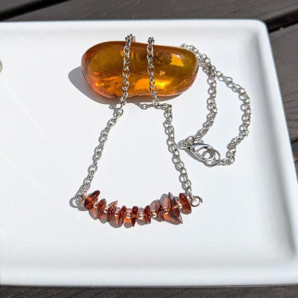 Genuine Natural Orange Amber Silver Chain Necklace - Picture 6 of 9